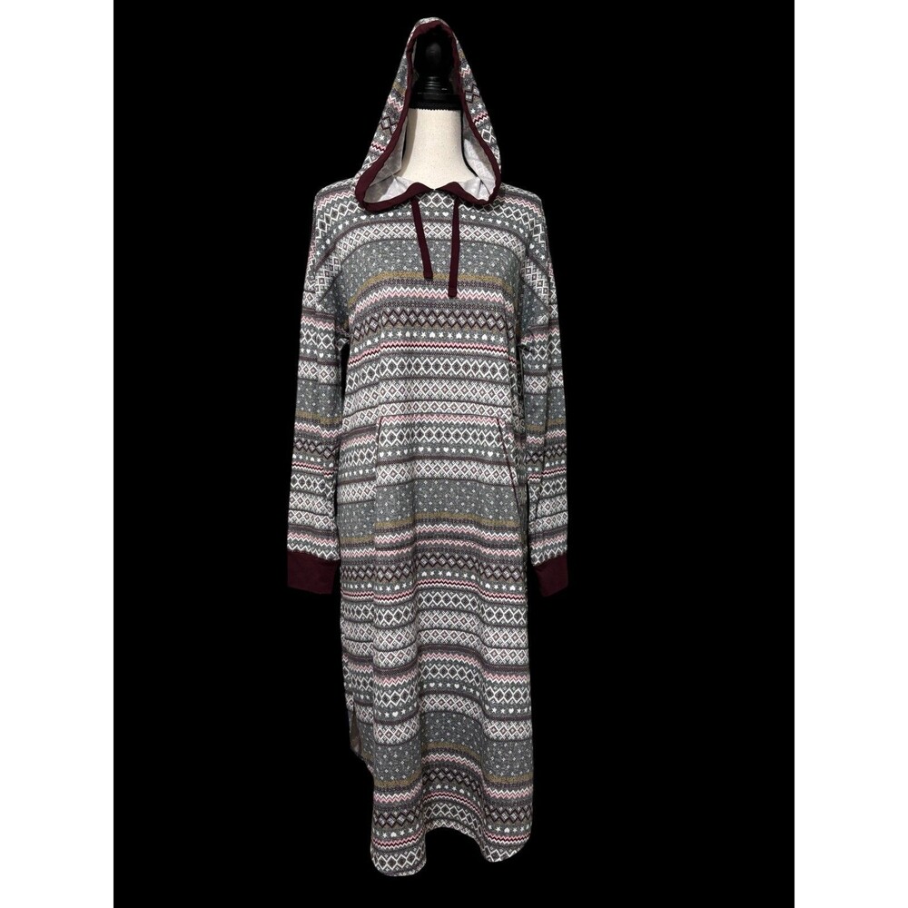Simply Vera Verawang Hooded Fair Isle Sleepshirt Sz M Gray Burgundy